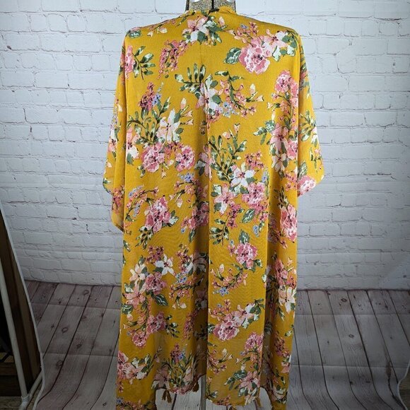 Mustard Yellow Floral Kimono/Wrap w/ Tassels 2X - Picture 6 of 9